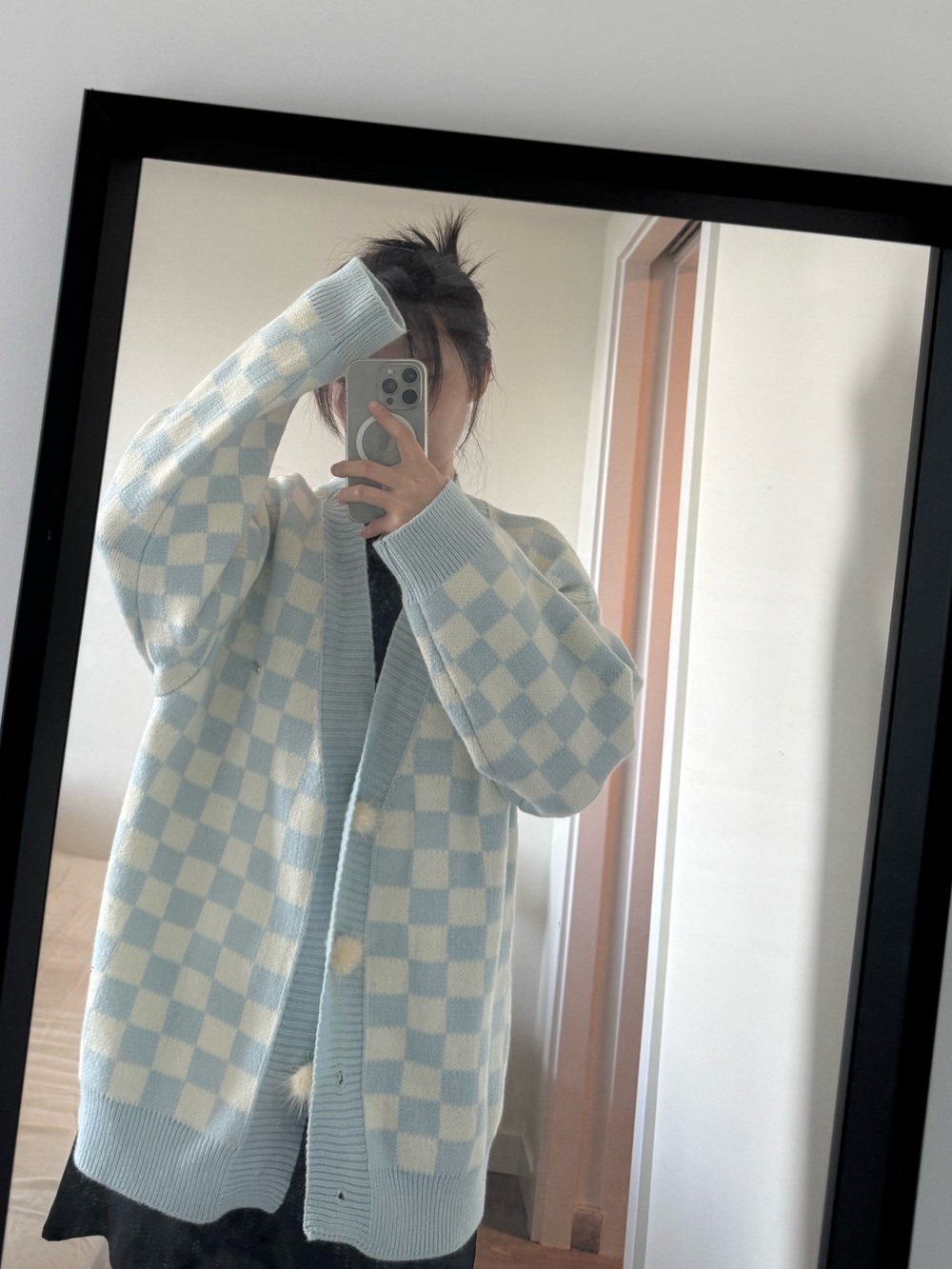 France Brand Light Blue and Cream Checkered Cardigan Sweater - Women's